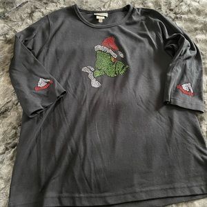 Sequined Grinch heavy weight jersey tee type shirt with 3/4 length sleeves.